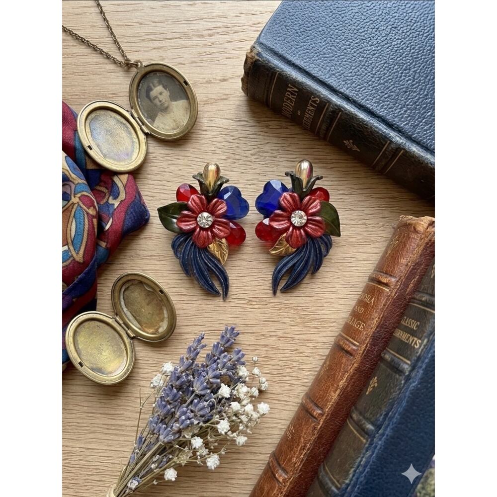 Vintage Multi-Color Floral Clip-On Earrings